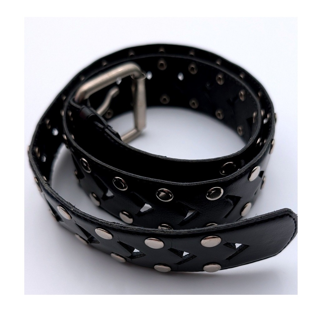 Italian Style Leather Studded Cutout Belt Black Silver Buckle BT-107 Size 30